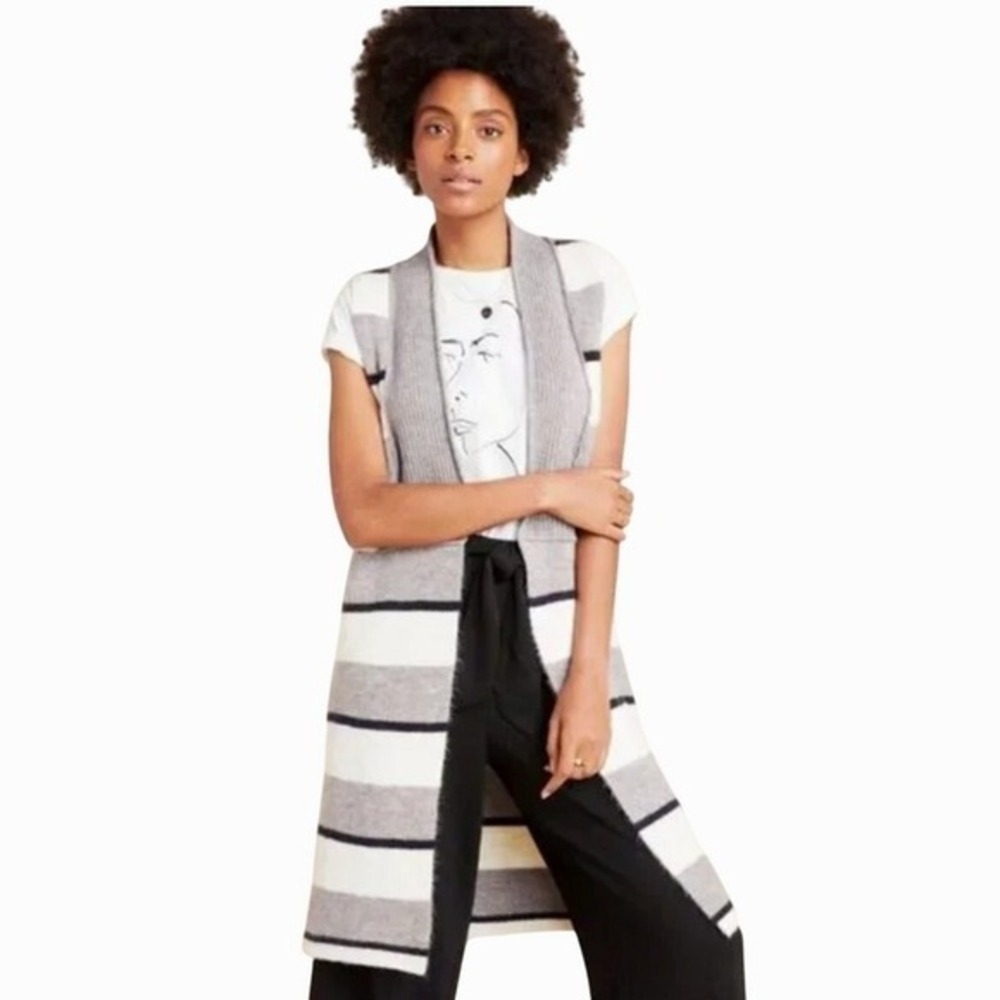 Anthropologie‎ Long Cardigan Size Large Gray White Stripe Open Front Knit Vest